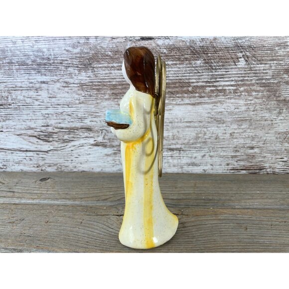 Ceramic Angel Figurine Holding Book Yellow Glittered Dress 7.25" Tall - Picture 4 of 7